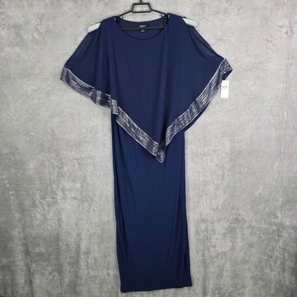 Womens Ignite Evenings Navy Blue Cape Overlay Maxi Dress With Metallic Trim 10 - Picture 2 of 10